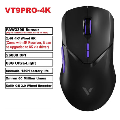 Rapoo VT9 Pro – Ratón Gaming Inalámbrico 26K DPI, 68 g Ultraligero, 10 Botones Programables y Respuesta 1 ms
