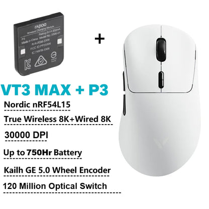 Rapoo VT3 MAX Gen-2 8K — Ratón inalámbrico gamer ultraligero 57 g, 30 000 DPI, 750 h batería, switches ópticos