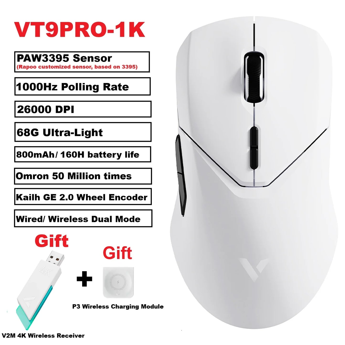 Rapoo VT9 Pro – Ratón Gaming Inalámbrico 26K DPI, 68 g Ultraligero, 10 Botones Programables y Respuesta 1 ms