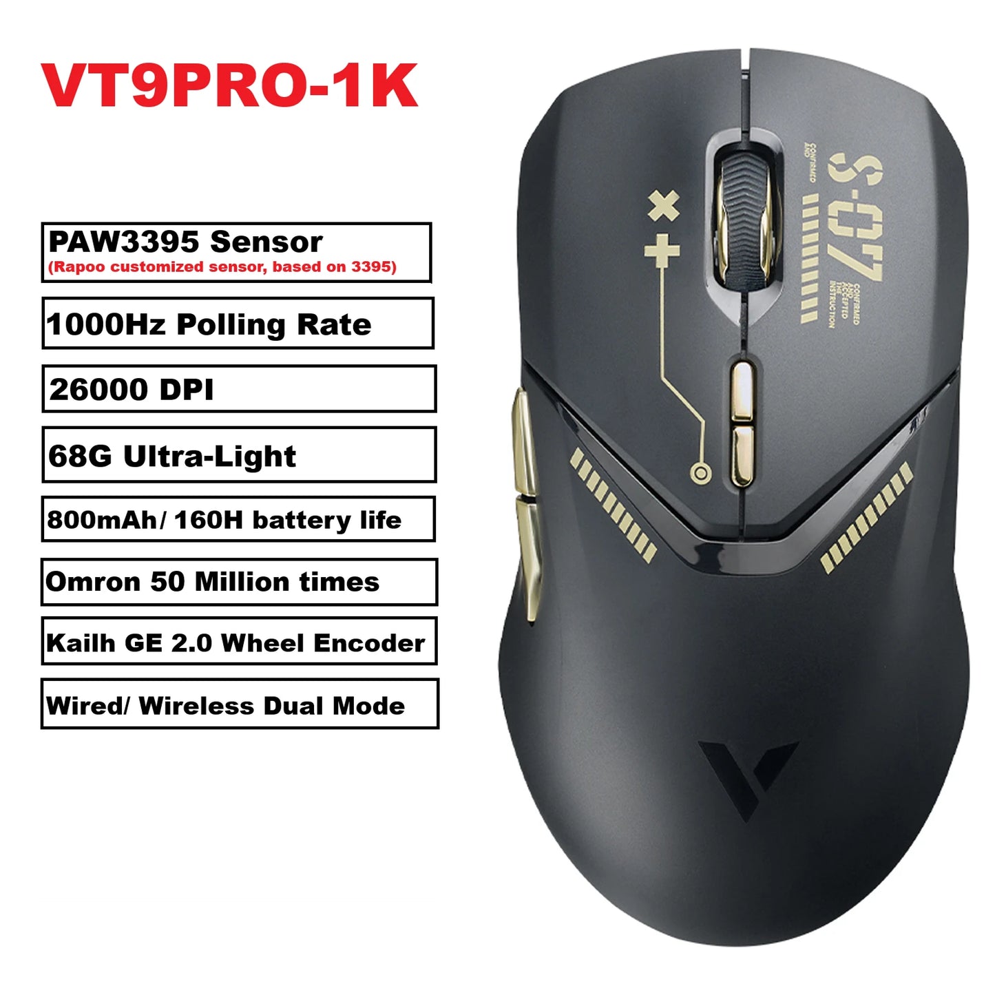 Rapoo VT9 Pro – Ratón Gaming Inalámbrico 26K DPI, 68 g Ultraligero, 10 Botones Programables y Respuesta 1 ms