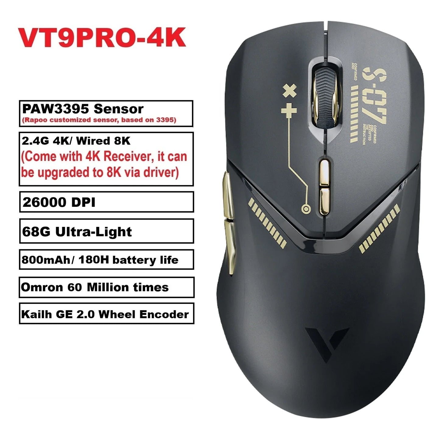 Rapoo VT9 Pro – Ratón Gaming Inalámbrico 26K DPI, 68 g Ultraligero, 10 Botones Programables y Respuesta 1 ms