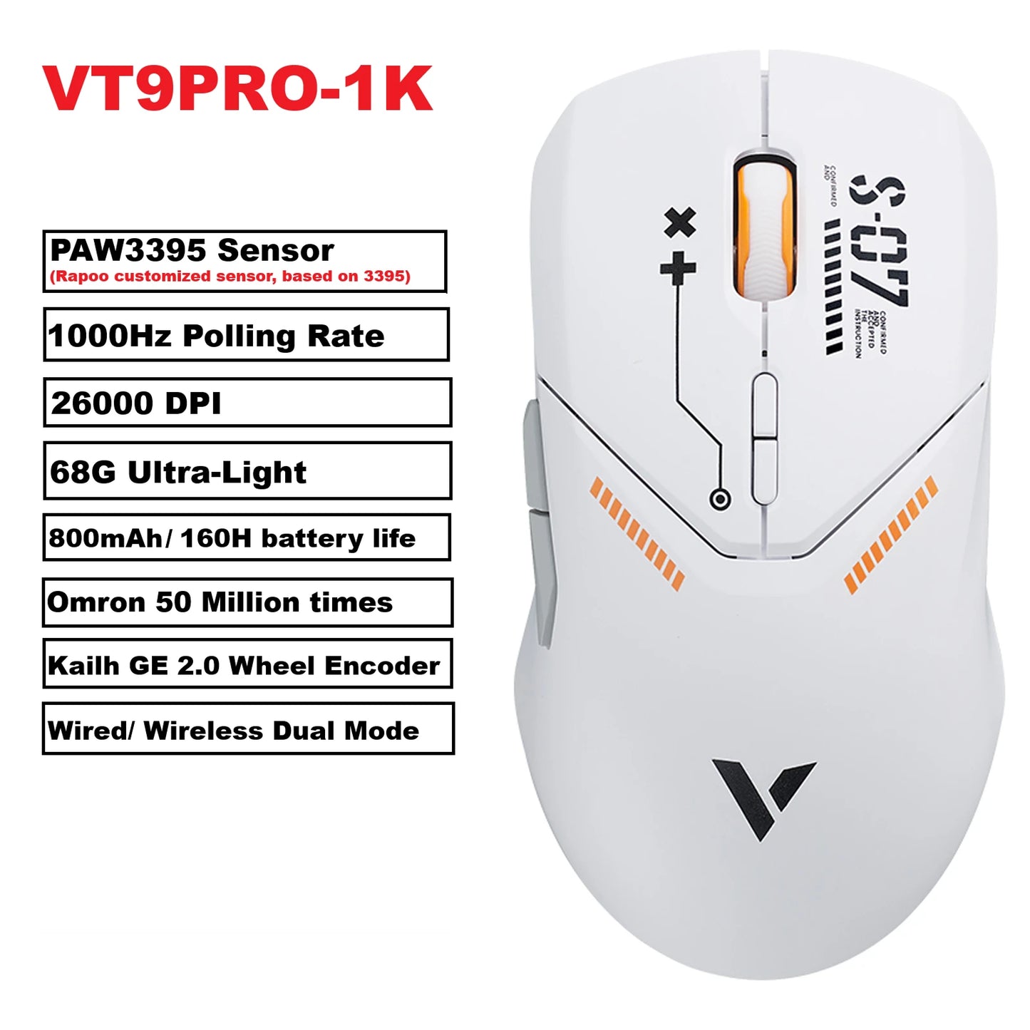 Rapoo VT9 Pro – Ratón Gaming Inalámbrico 26K DPI, 68 g Ultraligero, 10 Botones Programables y Respuesta 1 ms