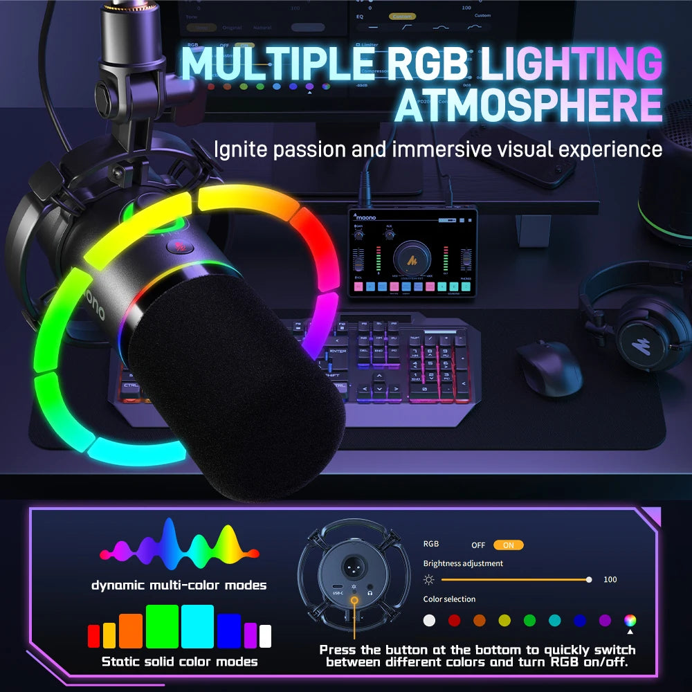 MAONO PD200XS – Micrófono Profesional Dinámico USB/XLR con RGB - Dedicado para Streaming, Podcast y Gaming