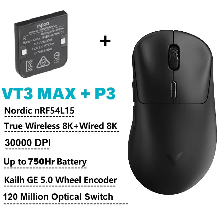 Rapoo VT3 MAX Gen-2 8K — Ratón inalámbrico gamer ultraligero 57 g, 30 000 DPI, 750 h batería, switches ópticos